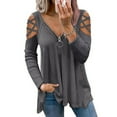 thumbnail image 2 of ketyyh-chn99 Brown T Shirt Women's 2022 Casual V Neck Tops Long Sleeve Shirts Striped Sheer Mesh Patchwork Blouses and Tops, 2 of 5