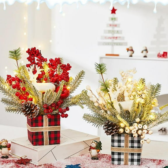 Xuniizn Small Christmas Tree with Lights for Desk, Plastic Table Top Christmas Tree Pre-Lit with Ornaments, Mini LED Lights Christmas Tree Decorations for Home & Office, White