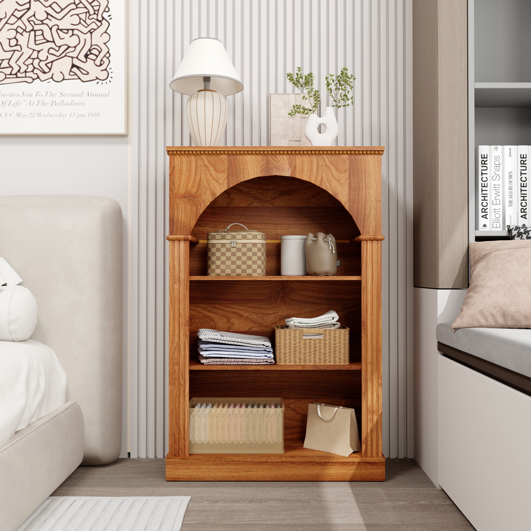 Noble House 48" Arched Bookcase, 3-Tier Open Bookshelf with Decorative Beaded Trim, Walnut