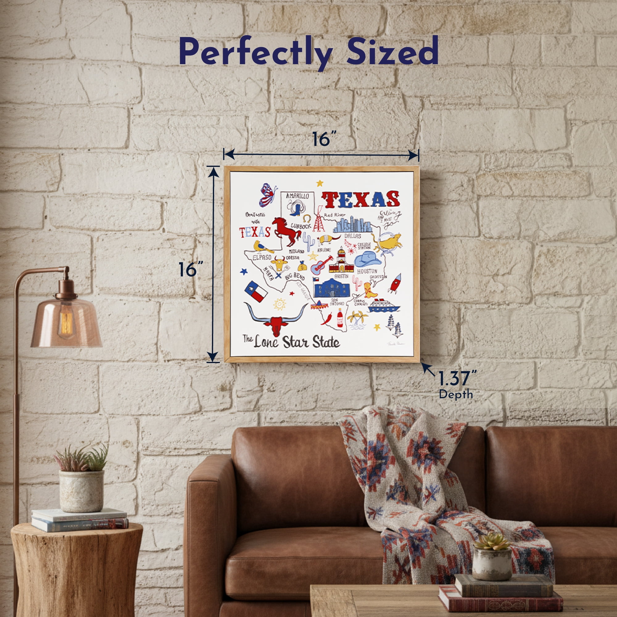Crystal Art Gallery 15x15 Texas Canvas Framed Wall Art Decor with Texas State Outline, Rustic Farmhouse Americana Home Wall Decor