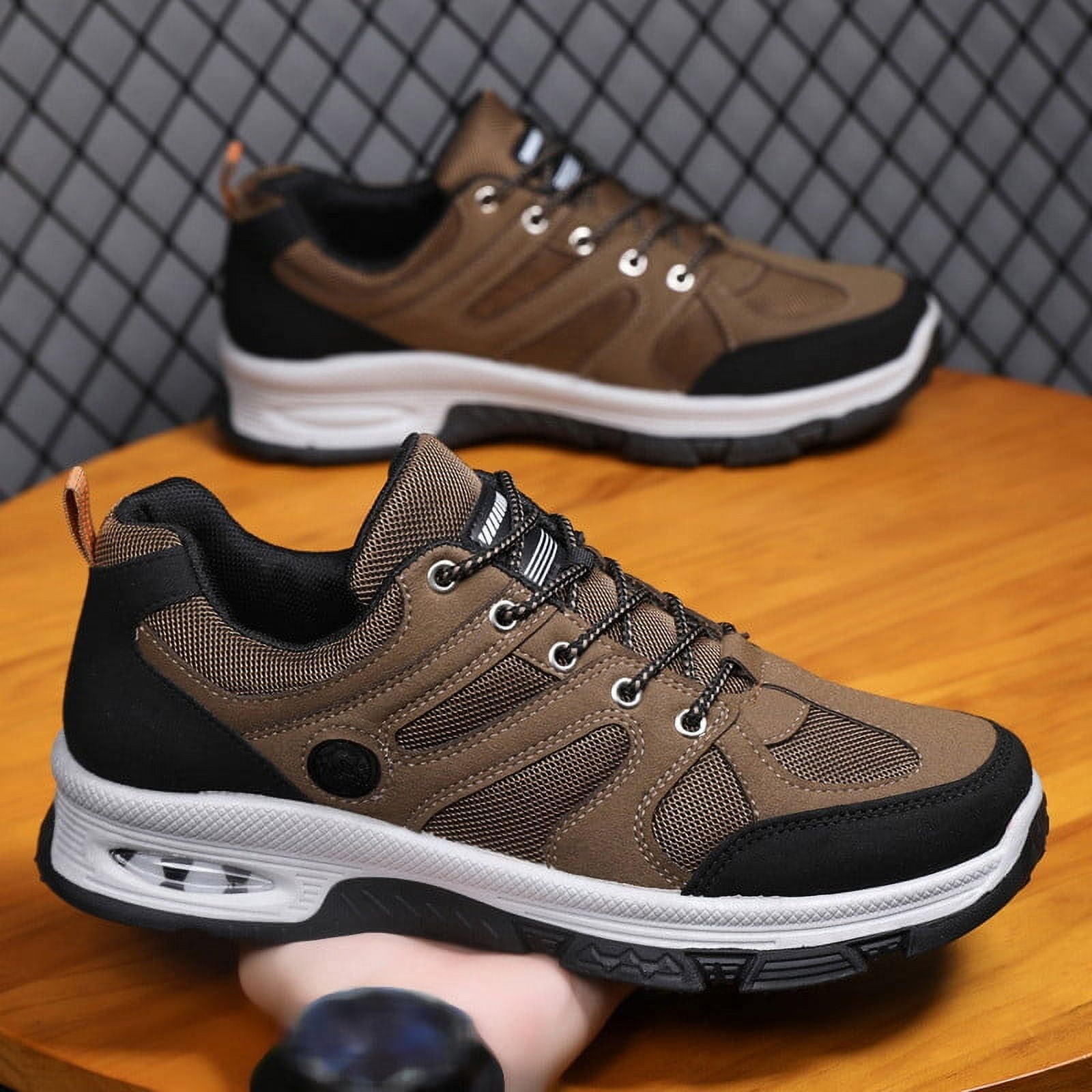 Dakaela Men's Waterproof Hiking Shoes Leather Outdoor Walking Work Sneakers for Camping Trekking Khaki 8