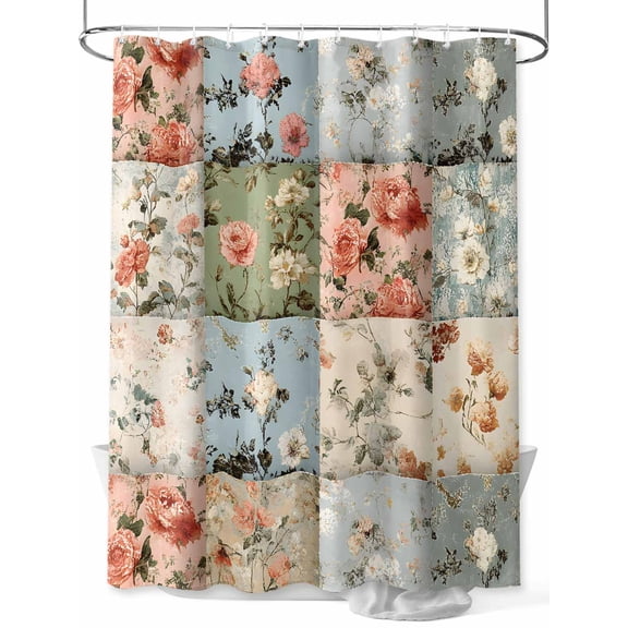 Spring Floral Stall Shower Curtain, Waterproof Shower Curtains for Bathroom, Elegant Checkered Summer Botanical Farmhouse Washable Fabric Cloth Bath Curtain for Bathtub with Hooks 36x72 Inches
