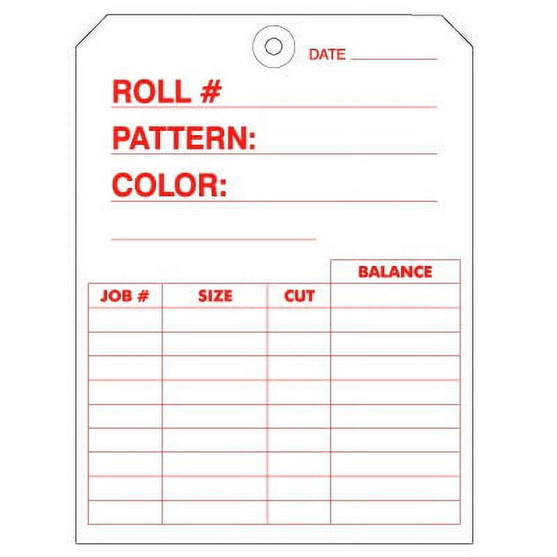 Carpet Roll Tag. Printed in Red Ink on White 10 points C1S Stock with Metal Reinforced Eyelet. Size: 7" (Height) x 5 1/4" (Width). FREE Shipping. 500 Tags
