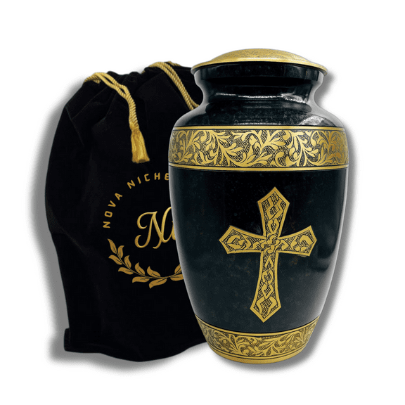 Nova Niche Black Adult Cremation Urn for Human Ashes – Large Brass Memorial Urn with Golden Cross-Engraving with Velvet Bag