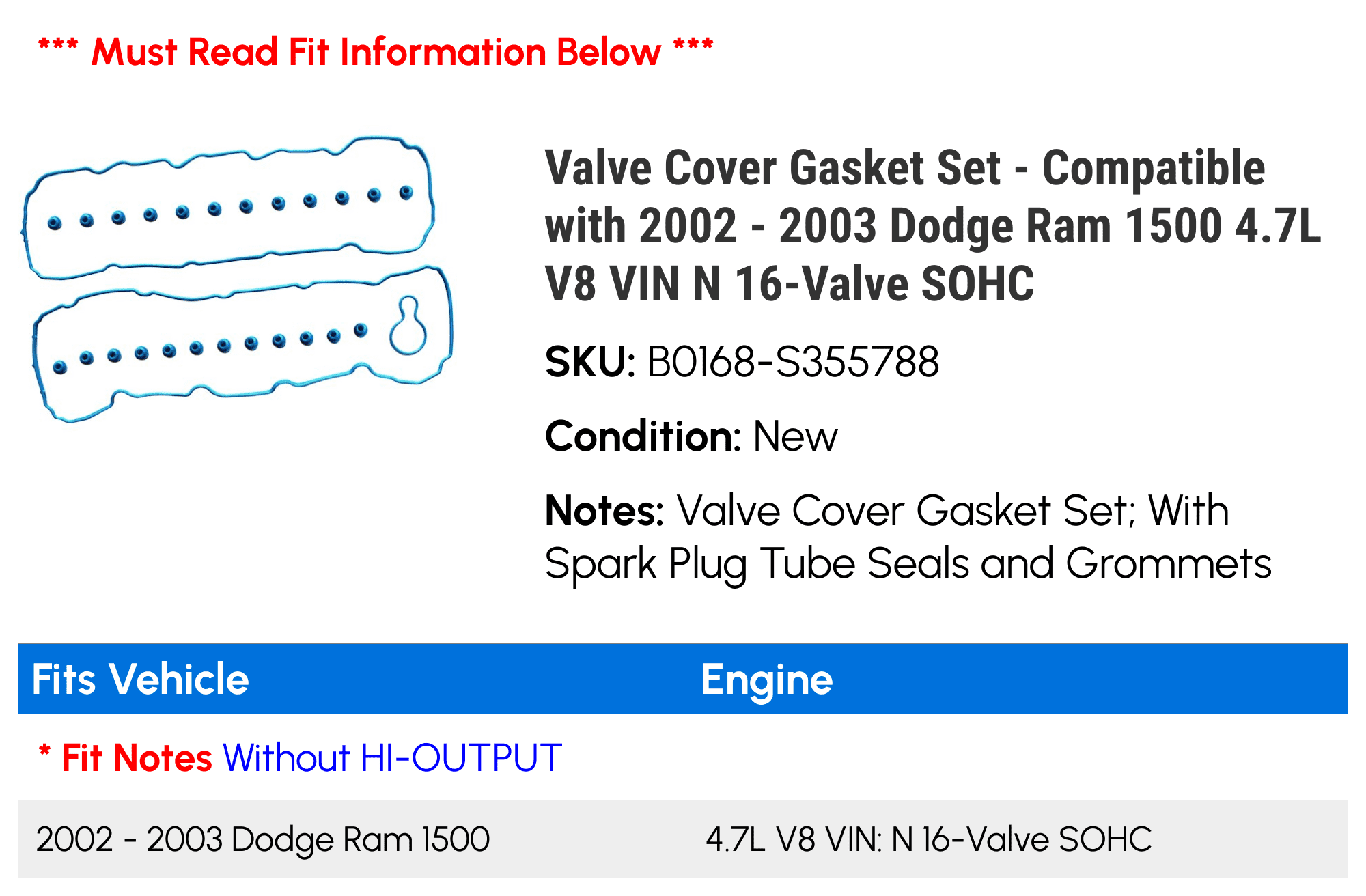 Valve Cover Gasket Set - Compatible with 2002 - 2003 Dodge Ram 1500 4.7L V8 VIN N 16-Valve SOHC