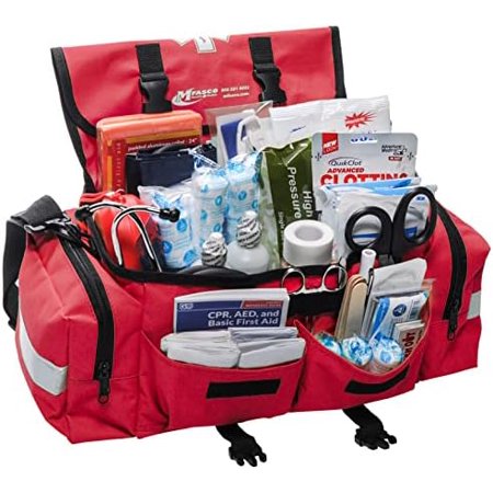 MFASCO Emergency Response GO First Aid Bag - 160 Pcs EMT Trauma Kit, First Responder Medical Bag, Deluxe Stocked Kit with Tourniquet, Sprague Stethoscope, Pressure & Bleeding Control Dressings
