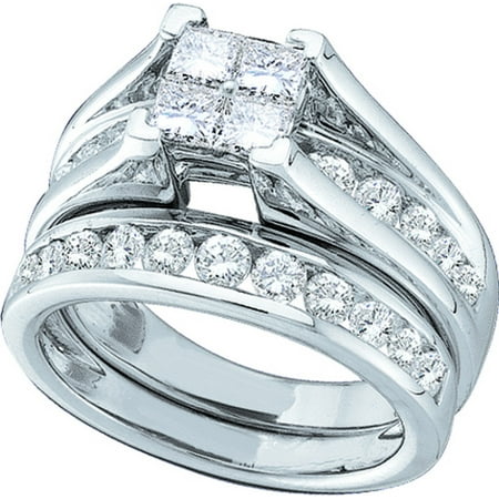 Diamond Palladium Engagement Setting - Size - 7 - Solid 14k White Gold Princess Cut Round White Diamond Bridal Square Shape Solitaire Bridge setting Engagement Ring with Matching Wedding Band (3.00 cttw)