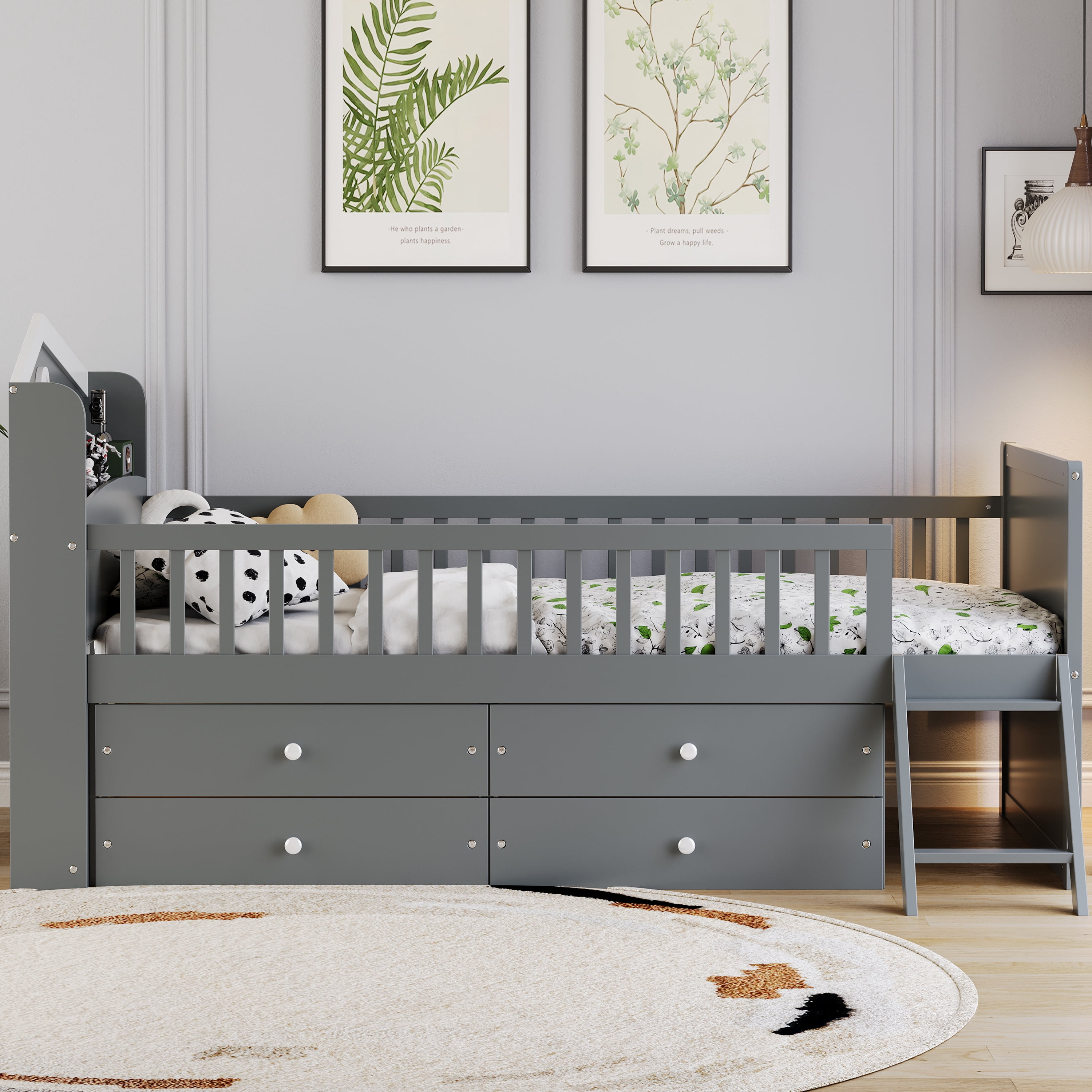 Euroco Wood Twin Size Platform Bed with Drawers, House Bed with Storage and Ladder, Gray