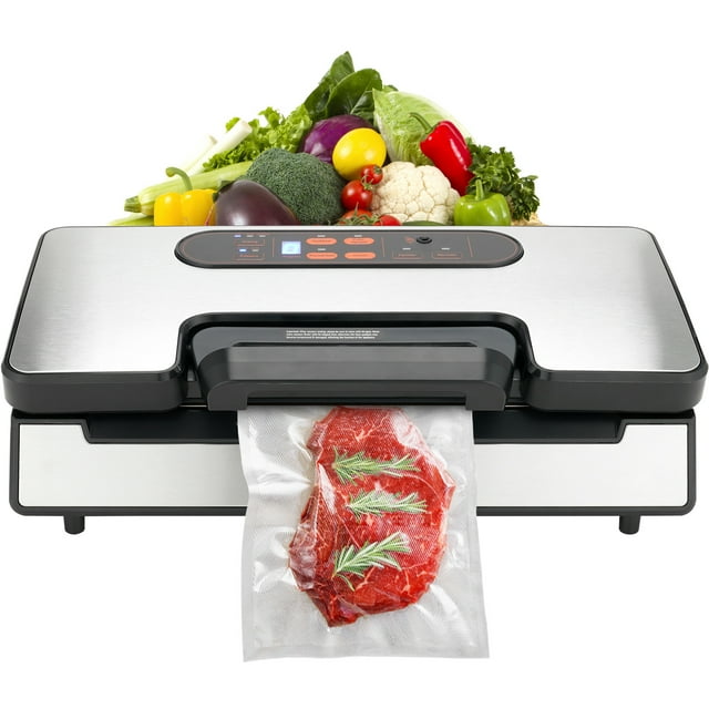 KFFKFF Vacuum Packaging Device, 90Kpa 130W with Dual Pump & Seal, Suitable for Dry & Moist Goods, Features Auto & Manual Modes, Includes Built-in Blade, Seal Bags, and External Hose