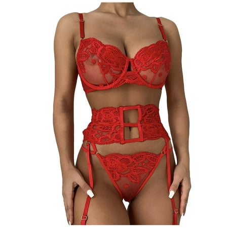 

sebulube Water Soluble Lace Underwear Set 3PC Flower Embroidery Women Lingerie Bra + Thong Underwear