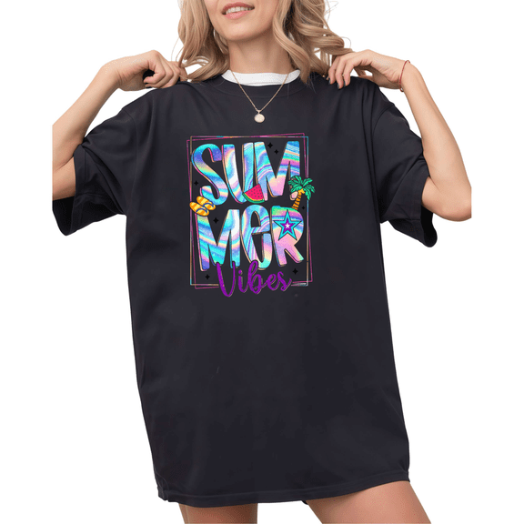 UNISHE Women's Summer Vibes Holographic Graphic Short Sleeve T-Shirt Fashion Crewneck Top