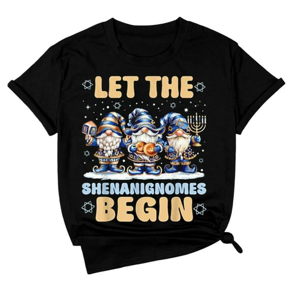 Tops for Women Casual Short Sleeve Letter Print Hanukkah Celebration Tee Shirt Fall Outfits Clothes Blouse,Black,S