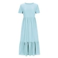 thumbnail image 3 of UTSJKR Women's Midi Dress with Pockets Deals 2024 Fashion Elegant Solid Crew Neck Smocked Waist Pleated Ruffled Hem Swing Flowy Dress Summer Basic Short Sleeve Sundress Blue S, 3 of 5