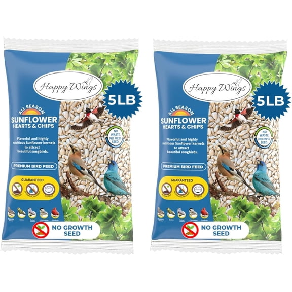 Happy Wings Sunflower Hearts & Chips, Sunflower Kernels, Wild Bird Feed and Seed, 5 lb. (Pack of 2). Bag, Dry
