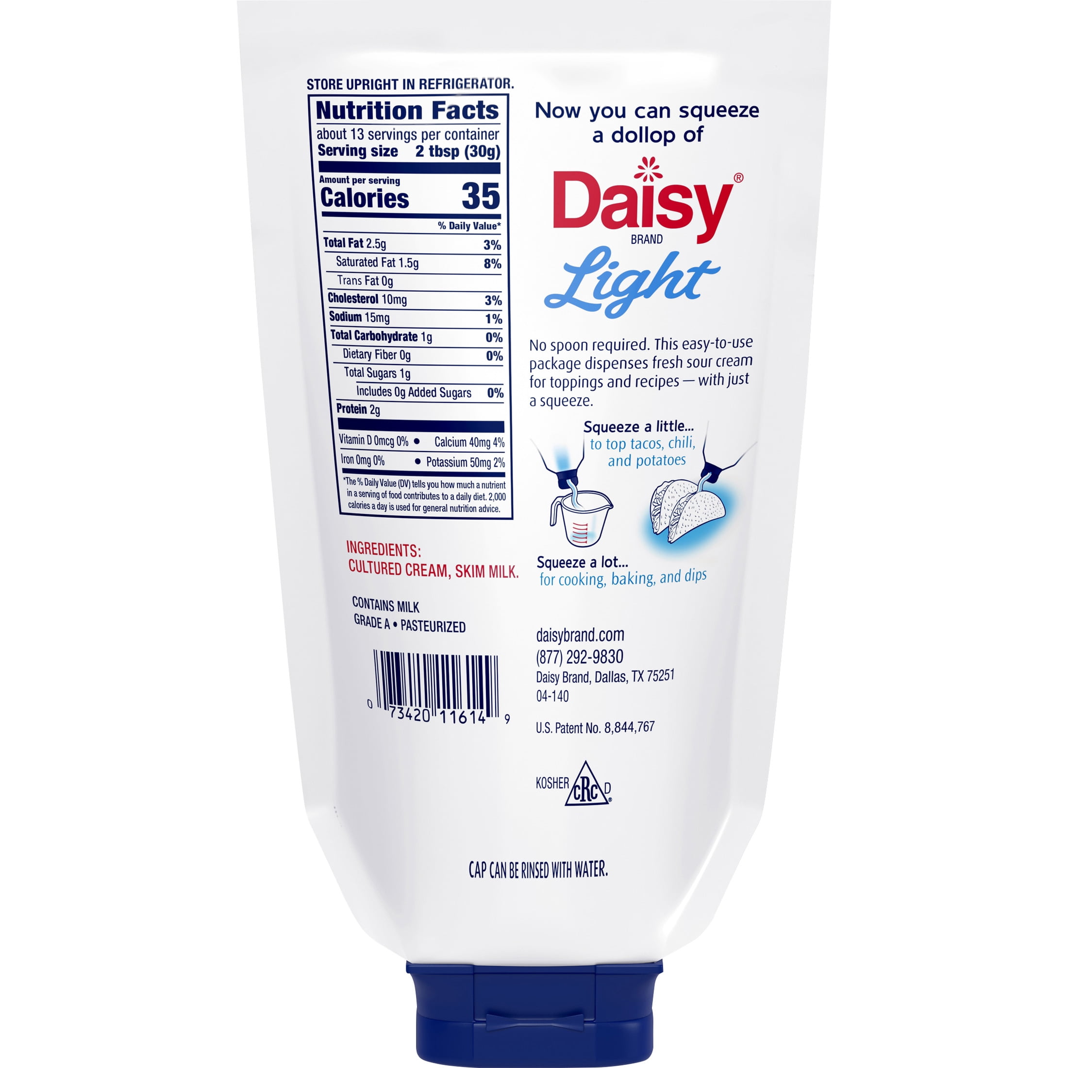 Daisy Pure and Natural Light Squeeze Sour Cream, 50% Less Fat, 14 oz Pouch (Refrigerated)