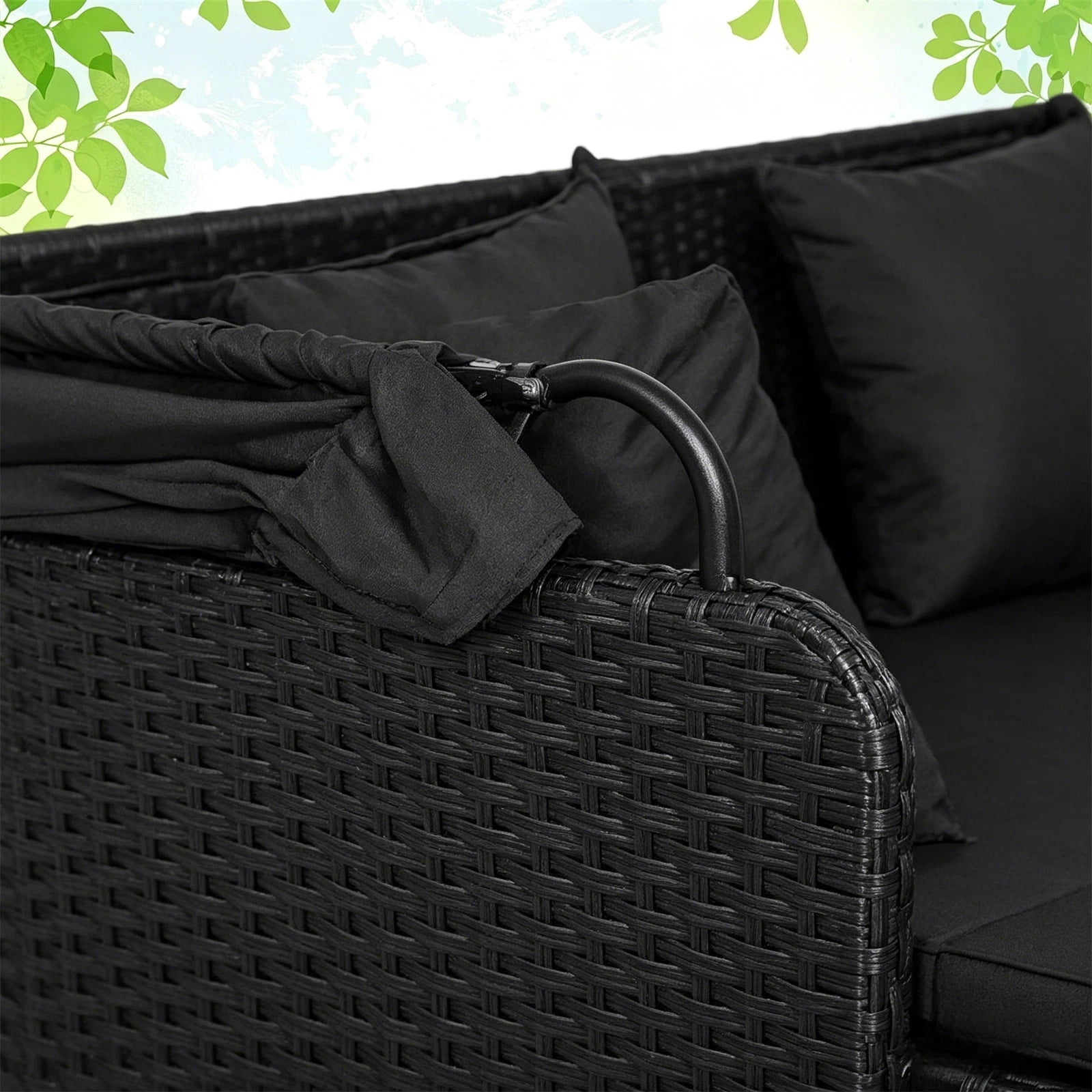Hommoo Patio Rattan PE Wicker Daybed Lounge with Retractable Canopy and Side Tables, Black