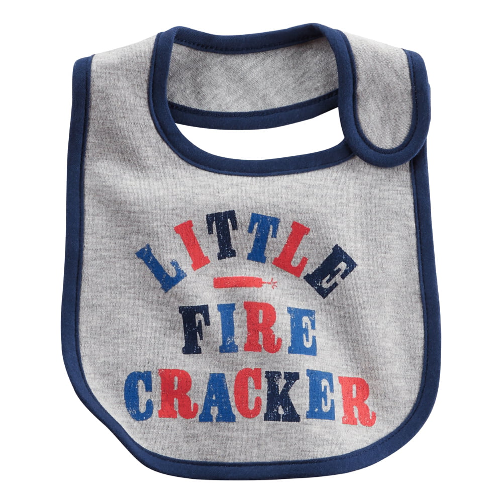 NEW Carter's LITTLE FIRECRACKER Fourth of July Baby Bib~Gray/Navy Blue/Red 