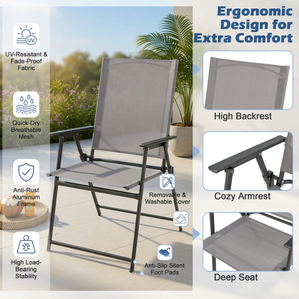 Hommoo 2-Pack Foldable Patio Chairs with Armrests, Heavy-Duty Metal Outdoor Chairs for Deck, Garden, Backyard & Camping, Gray