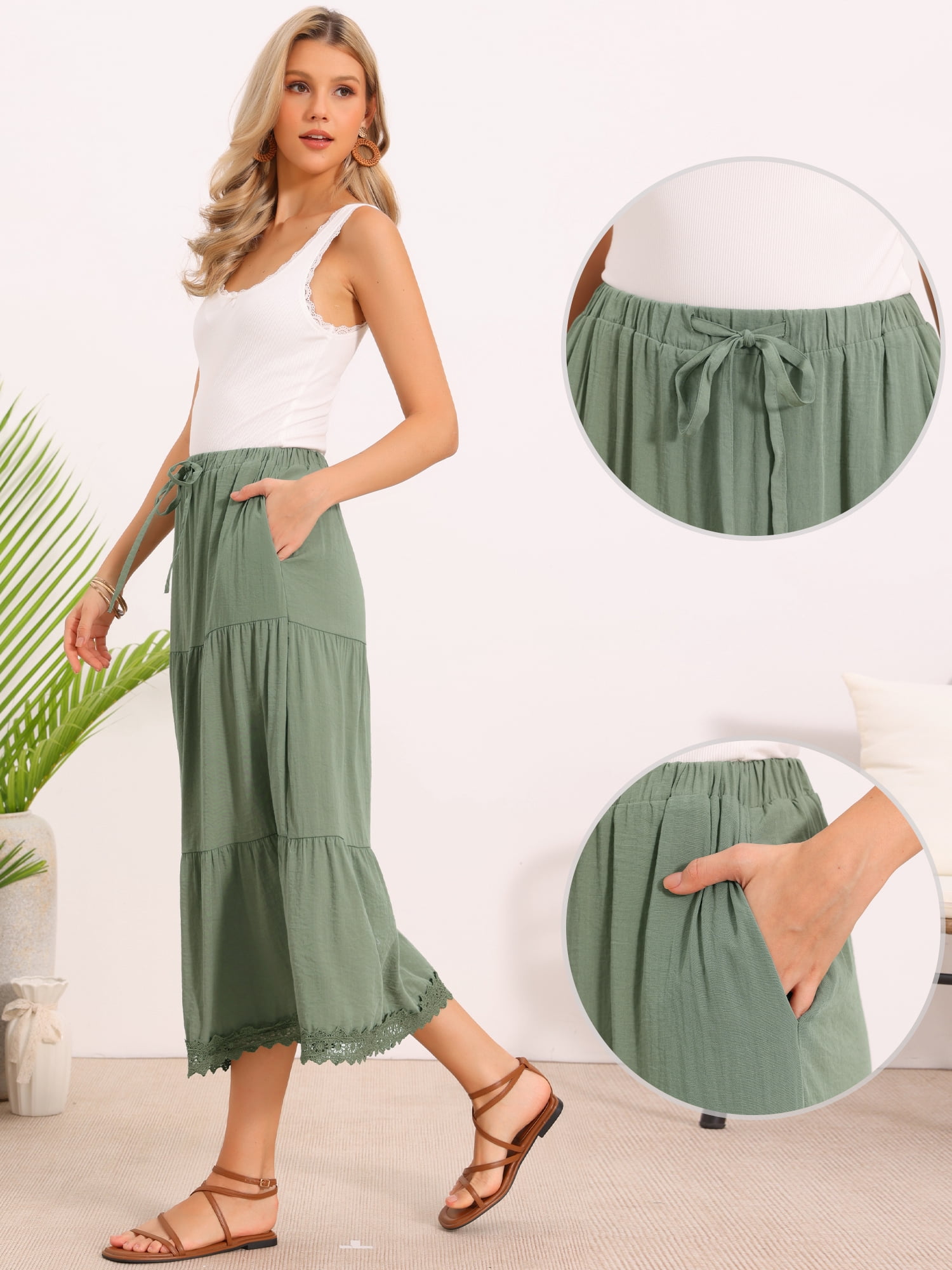 DARING DIVA Women's Tiered Elastic A-Line Beach Long Skirts Large Gray Green