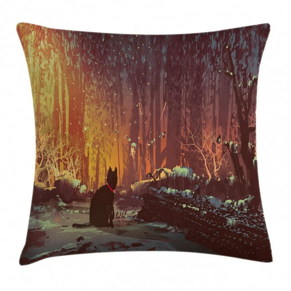Fantasy Art Decor Throw Pillow Cushion Cover, Surreal Lost Black Cat Deep Dark in Forest with Mystic Lights Picture, Decorative Square Accent Pillow Case, 20 X 20 Inches, Orange Brown, by Ambesonne