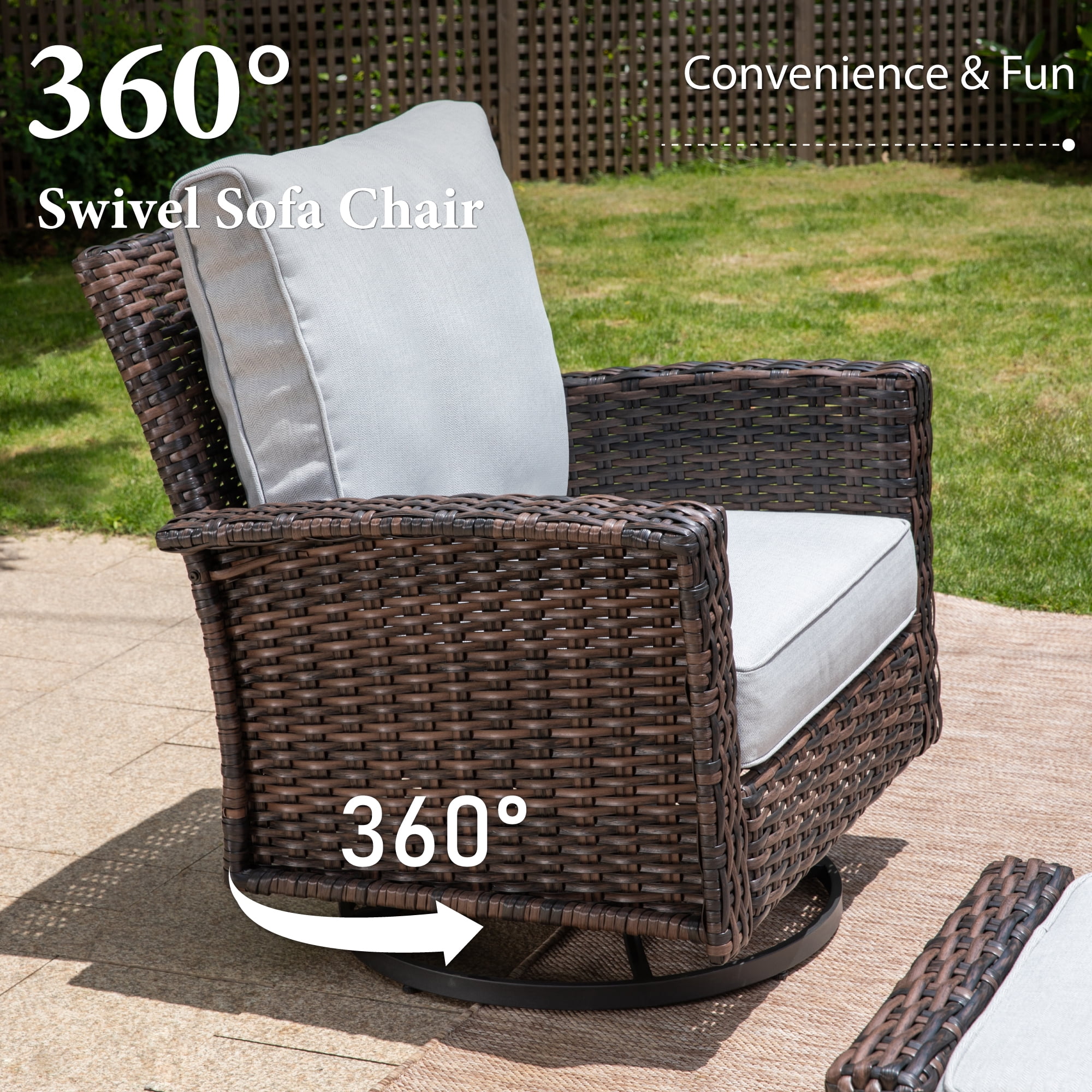 SUMMIT LIVING 7-Seat Wicker Outdoor Patio Furniture Set with Swivel Chairs & Ottomans, Metal Sectional Patio Conversation Set, Light Gray