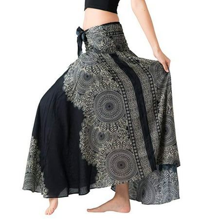 

Gypsy Boho Women Bohemian Hippie Flowers Waist Halter Floral Skirt Elastic Long Skirt Maternity Skirt over The Belly Black L
