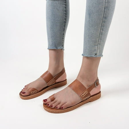 

uikmnh Women Shoes Fashion Solid Color Leather Toe Soft Sole Flat Open Toe Buckle Sandals Brown 8.5