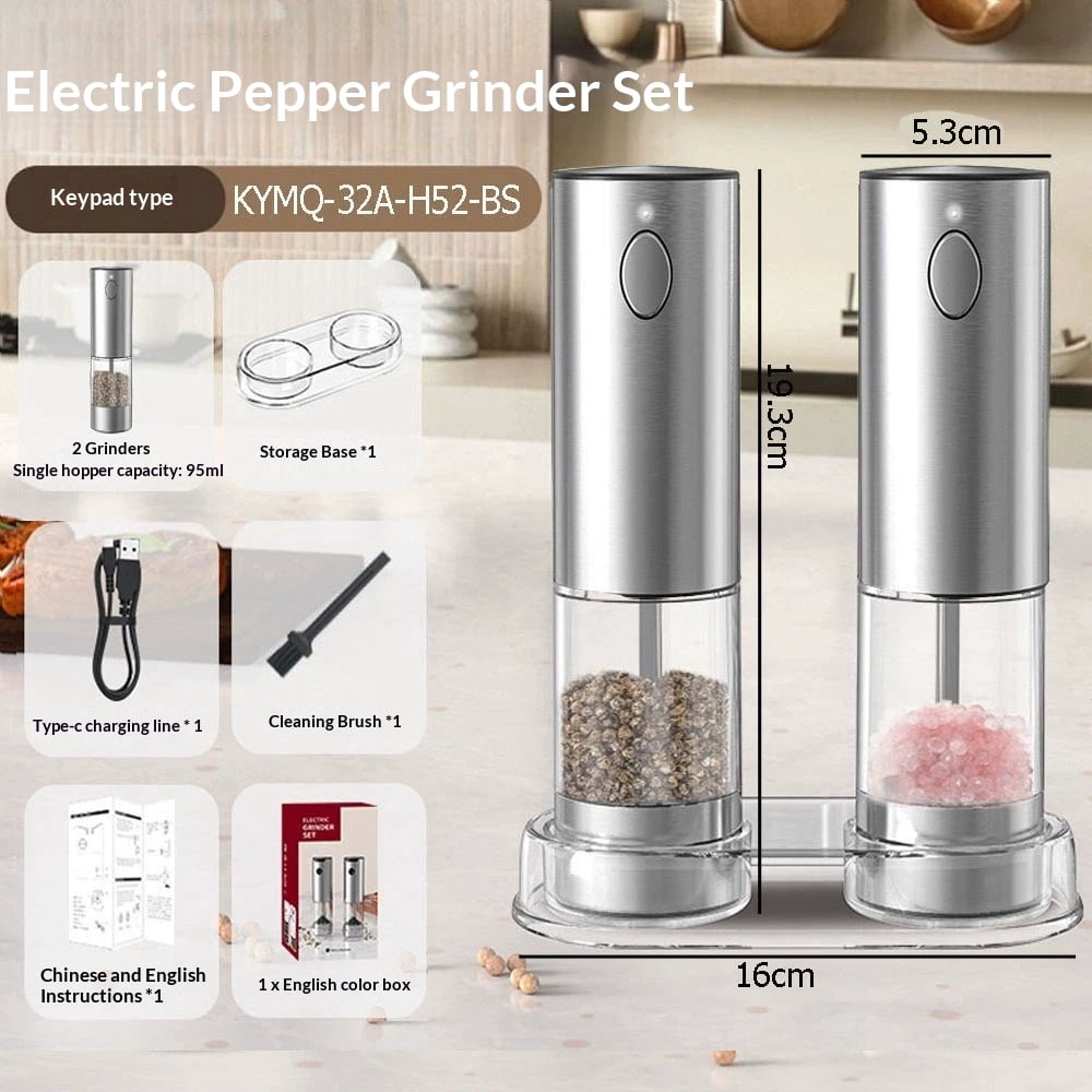 Upgraded Larger Capacity Electric Salt and Pepper Grinder Set, 95ml Rechargeable Salt and Pepper Shaker with LED light, Stainless Steel Automatic Pepper Mill with Adjustable Coarseness
