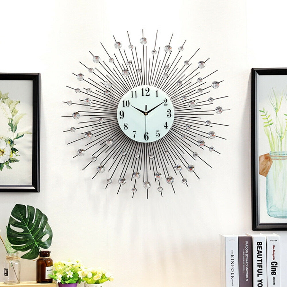 Anqidi 24" Modern Luxury Large Wall Clock, Round Diamond Non-Ticking Silent Decorative Clock for Living Room Office