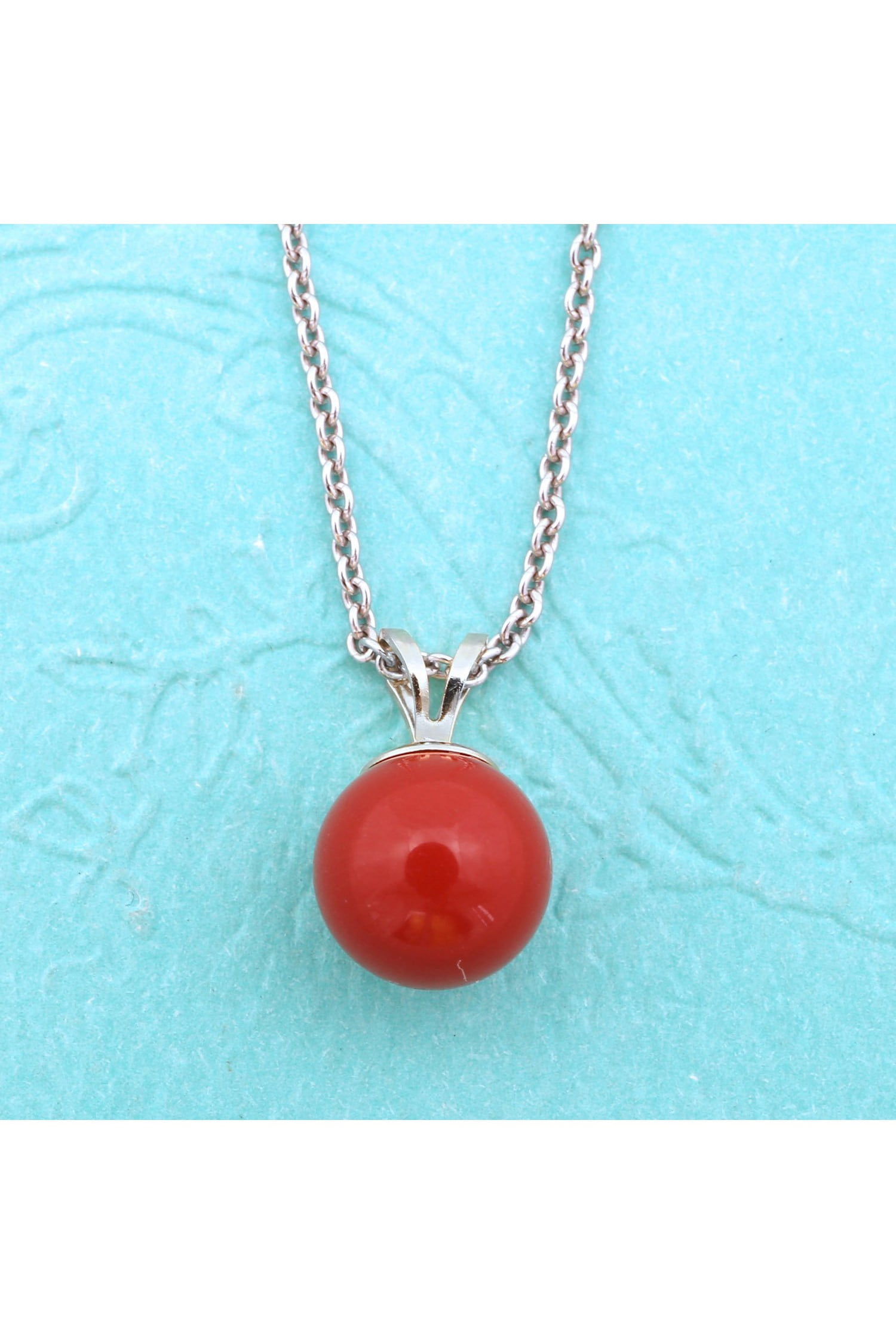 Solid Sterling Silver Rhodium Plated 8 Millimeter Simulated Dark Red Coral Pendant Necklace