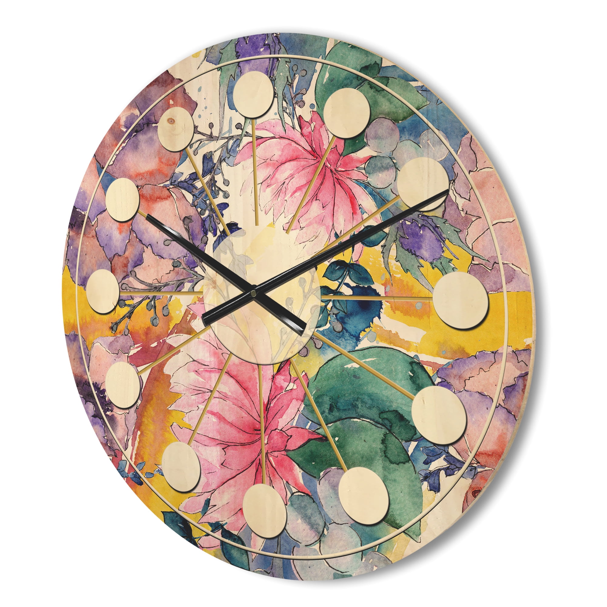 Designart 'Floral Botanical Retro XV' Mid-Century Modern Wood Wall Clock