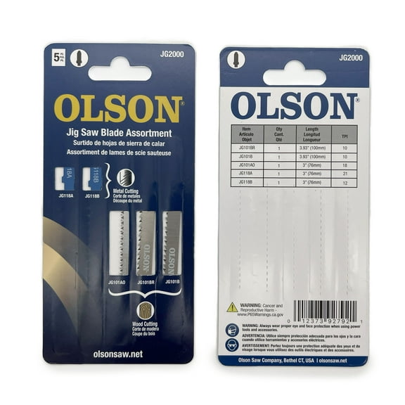 OLSON Jigsaw Blades, 5-Piece, 10-21 TPI, T-Shank, Wood & Metal Cutter Combo Pack (JG2000)