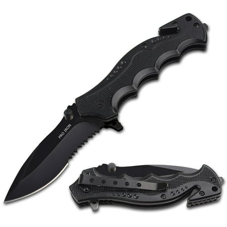 Pro Iron Assisted Opening Serrated Edge Outdoor Survival Camping Hunting Knife Stainless Steel Protective Black Oxide Coating Built-in Seat Belt Cutter and Carry Pocket Clip Black(2 (Best Knife To Carry On Belt)
