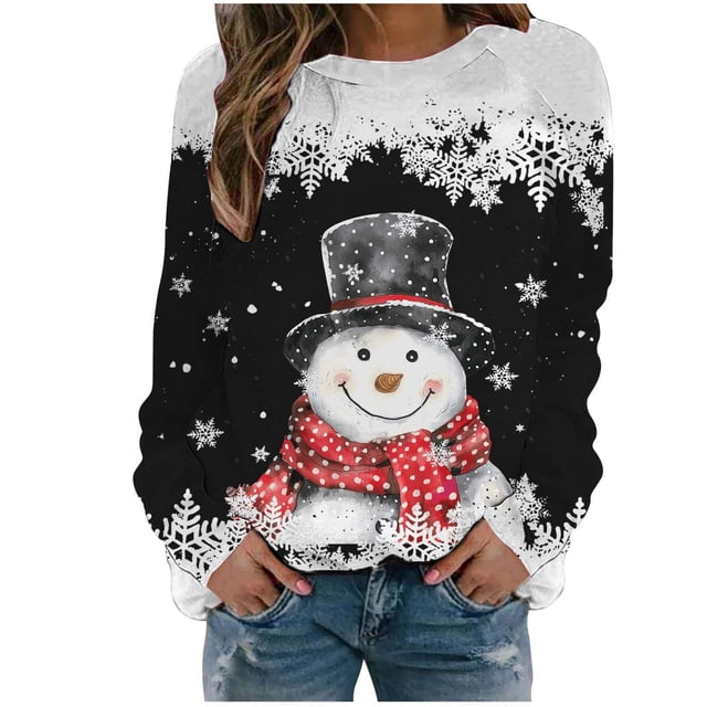 Kcodviy Chandail de Base pour Femmes d'Automne et d'Hiver Femmes Noël Flocon de Neige Bonhomme de Neige Imprimé Chandail à Capuchon Actif Femmes Col Rond Épaule Long 2TG Chandails Femmes à Manches Chandail de Sport Décontracté
