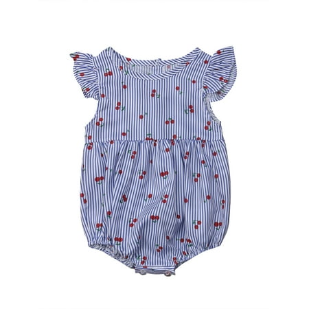 

Newborn Baby Girl Striped Cherry Fly Sleeve Romper Sunsuit Outfit Set