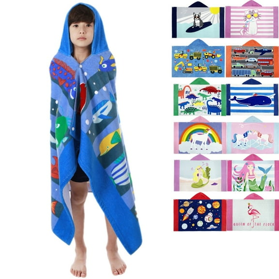 Kids Bathrobes Hooded Towels, Big Boys Girls Cartoon Hooded Wraps Beach Pool Bath Towel Poncho Cotton Towel, 30"x50", 3-12 Years