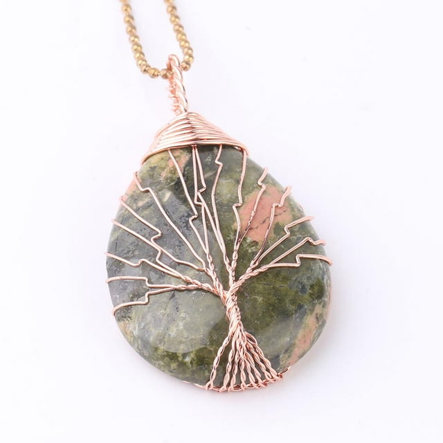 Tree of Life Water Drop Necklace & Pendant Rose Gold Wrap Wire Natural Gem Stone