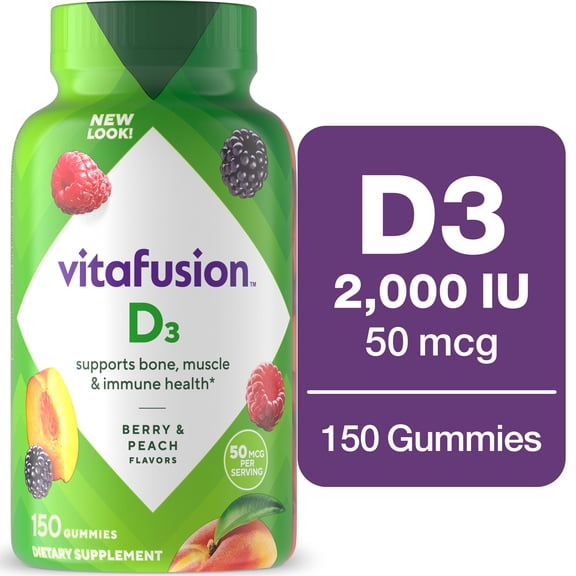 vitafusion Vitamin D3 Gummy Vitamins, 50 mcg, Peach, Blackberry and Strawberry Flavored, 150 Count