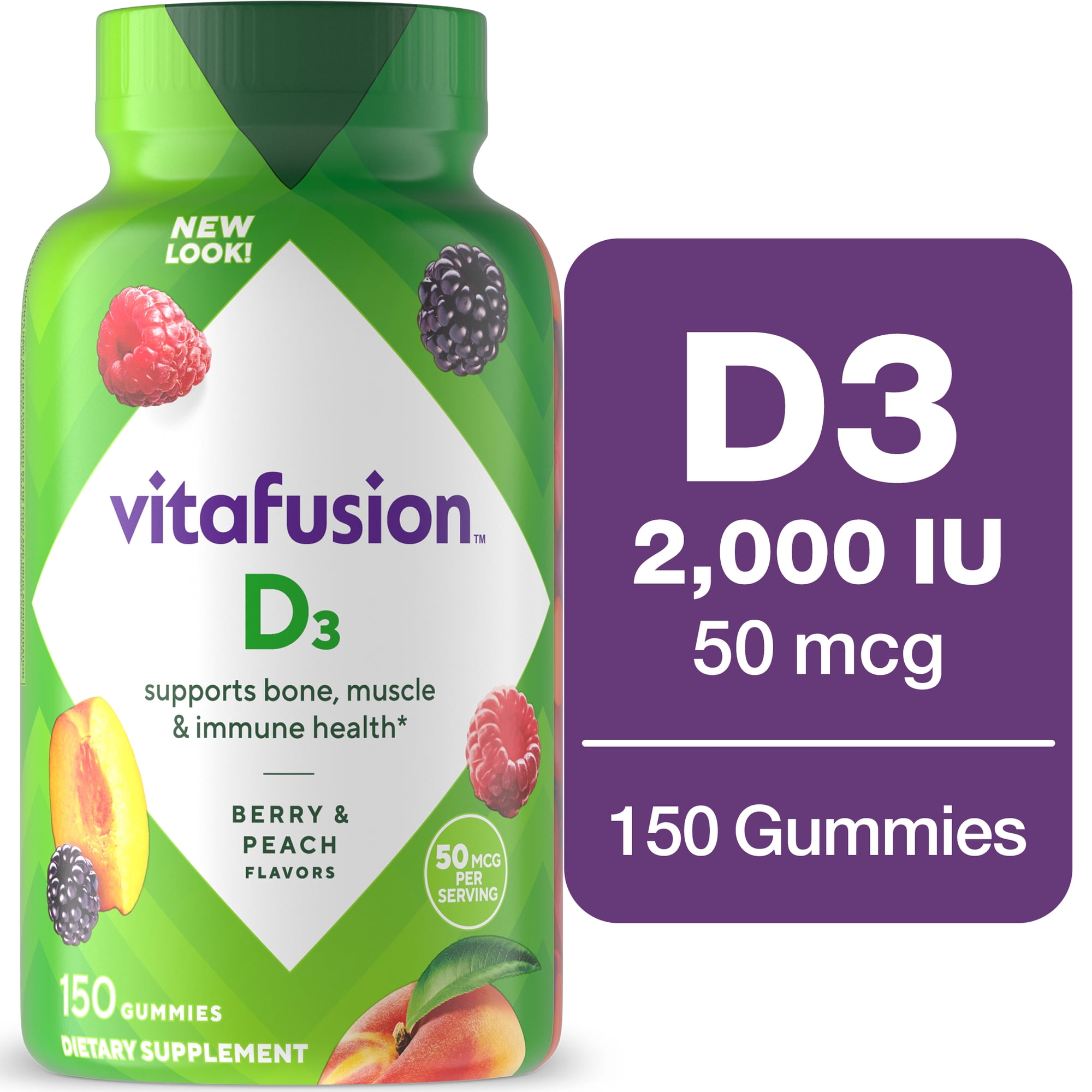 vitafusion Vitamin D3 Gummy Vitamins, 50 mcg, Peach, Blackberry and Strawberry Flavored, 150 Count