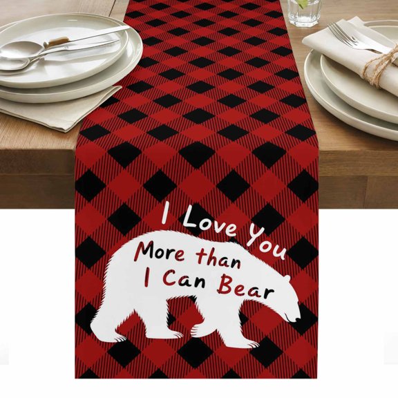 Valentine's Day Table Runner - 90 Inch Long, Kitchen Dining Table Runner Dresser Scarves, Funny Words Animals Red Black Plaid Farmhouse Decor for Coffee Tables Wedding Party Banquet