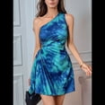 thumbnail image 4 of Vestido de Verano para Mujer 2025, Minivestido de un Solo Hombro con Efecto Tie-Dye, Plisado y con , para Invitada de Boda. Azul Pavo Real M, 4 of 10
