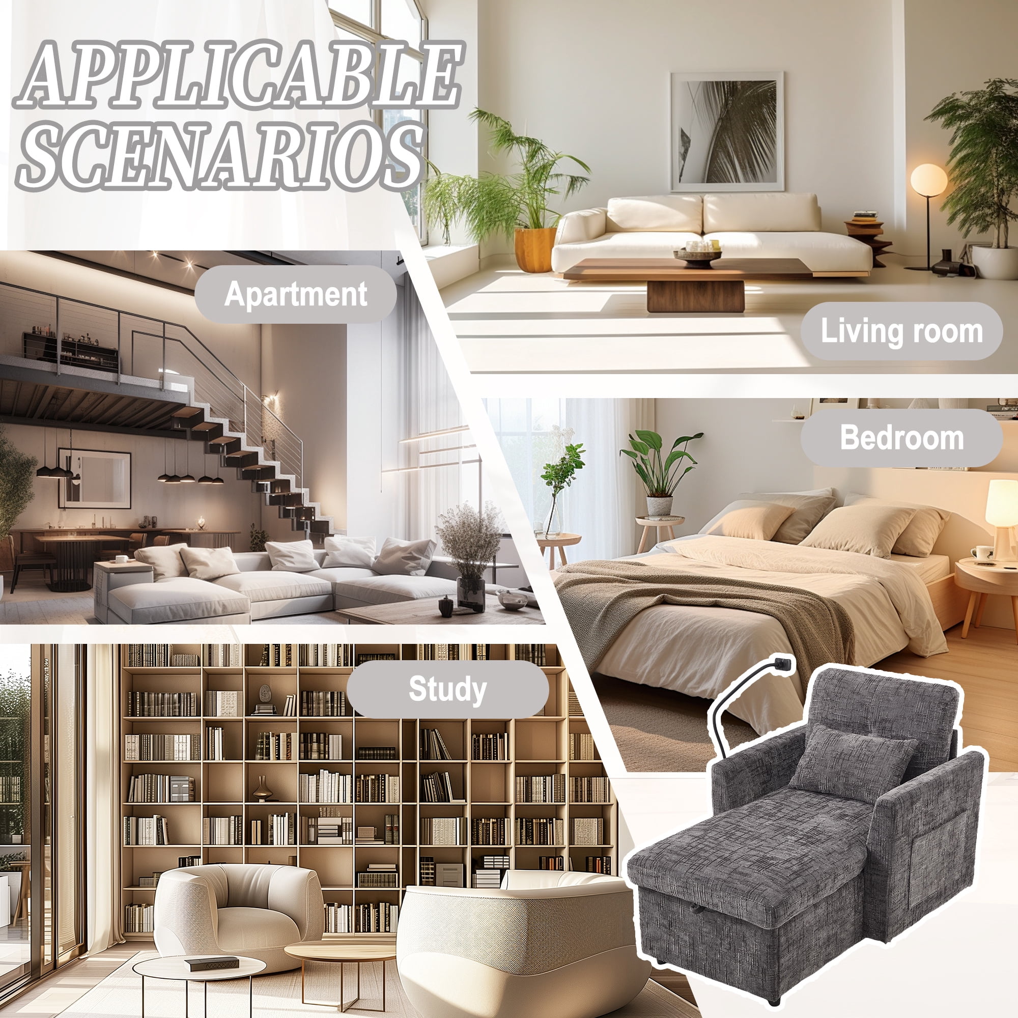 Aukfa Storage Chaise Lounge Single Sofa with Phone Holder and Pillow for Living Room Bedroom, Chenille, Gray
