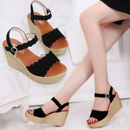 

Fidelma High Heels Women Peep Toe Rhinestone Beach Sandals Buckle Strap Casual Wedges Shoes Black 37