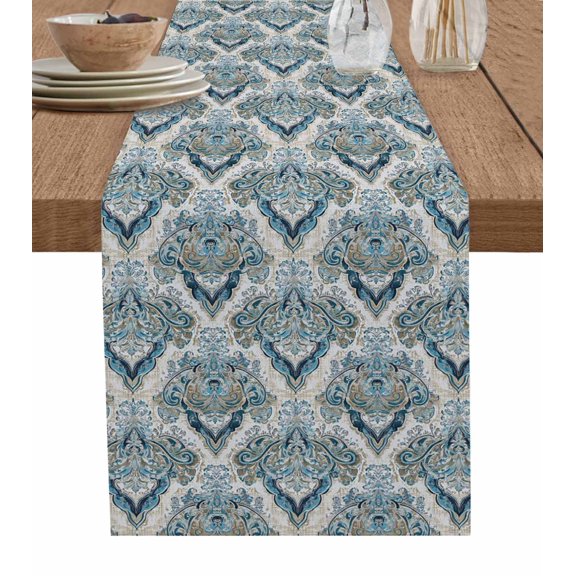 Hokiten Table Runners 72 Inches Long Dress Scarves, Boho Floral Farmhouse Kitchen/Dining Table Runner, Coffee Tablerunners, Retro Teal Blue Flower Vintage 13x72 Inch