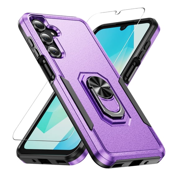 Dteck Case with Tempered Glass Screen Protector for Samsung Galaxy A17 5G,Shockproof TPU PC Case Ring Holder Kickstand Cover for Galaxy A17 5G,Purple