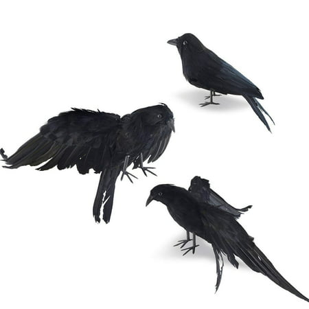 Halloween Realistic Handmade Crow Prop 3 Pack Black Feathered Crow Fly and Stand Crows Ravens for Outdoors and Indoors Crow Decoration