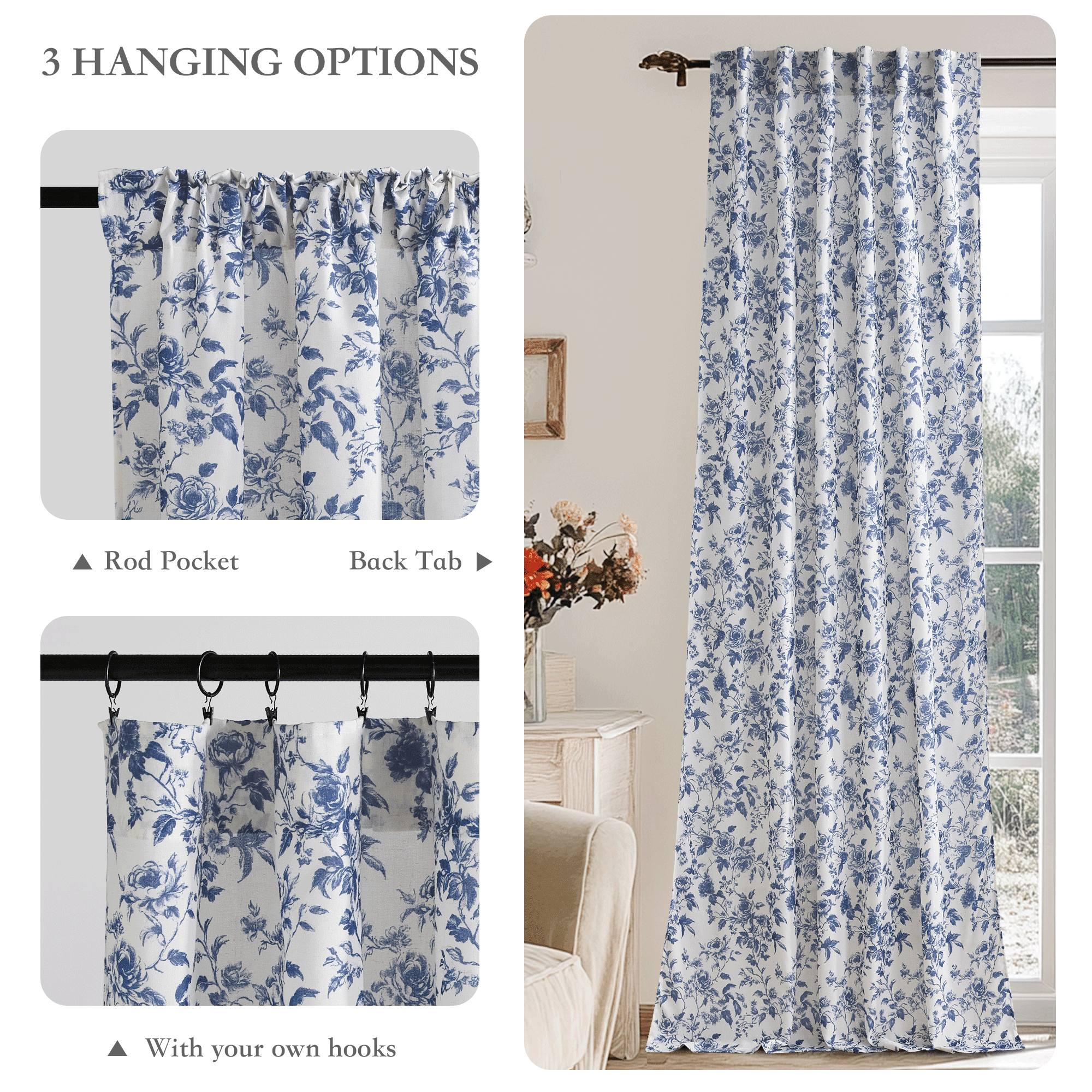 NICETOWN Floral Curtains for Living Room, Semi Sheer Linen Curtains Light Filtering Farmhouse Back Tab Window Drapes, Blue, 52"x84", 2 Panels