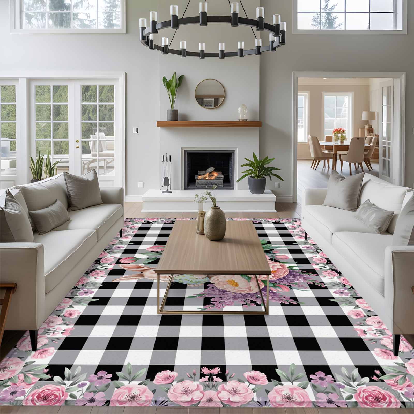Easter Bunny Roses Area Rugs 6'x9', Washable Small Throw Rugs for Kitchen Dining room, Pink Floral Spring Black Buffalo Plaid Indoor Outdoor Rug Non-Slip Low Pile Carpet Runner Reversible Floor Mats