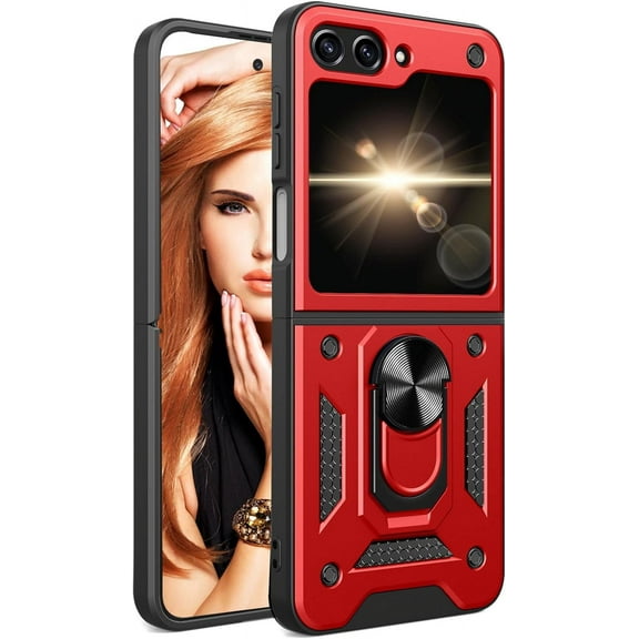 for Samsung Galaxy Z Flip5 Case for Men, Military Grade Drop Protective Phone Cover Case with Ring Kickstand for Samsung Galaxy Z Flip 5 SJ Red