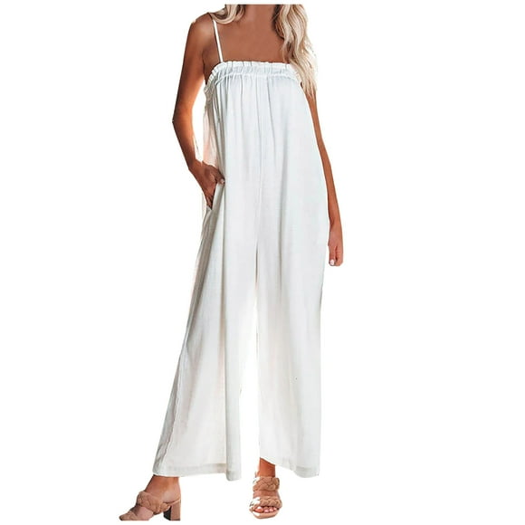 Penkiiy Jumpsuits for Women Womens Fashion Summer Solid Casual Camis Sleeveless Suspender Jumpsuit White XS Jumpsuits